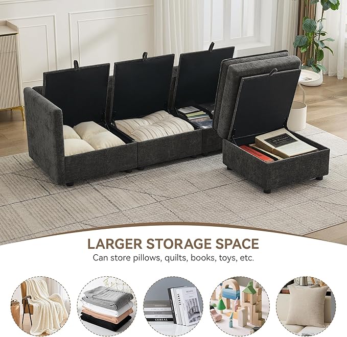 80" Cloud Modular 3 Seater Sofa with Storage Ottoman, Modern Upholstered Storage Sofa Couch Deep Seat, L Shape Sectional Sofa Chenille Comfy Couch with Armrests for Living Room, Small Space, Dark Grey | Cloud Sofa, Storage Ottoman, Storage Sofa, Deep S...