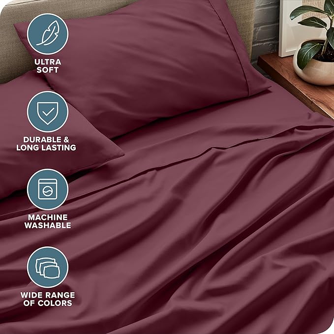 Bare Home Split Head Flex King Sheet Set - 1800 Ultra-Soft Microfiber Bed Sheets - Double Brushed - Deep Pockets - Easy Fit - 4 Piece Set - Bedding Sheets & Pillowcases (Burgundy)