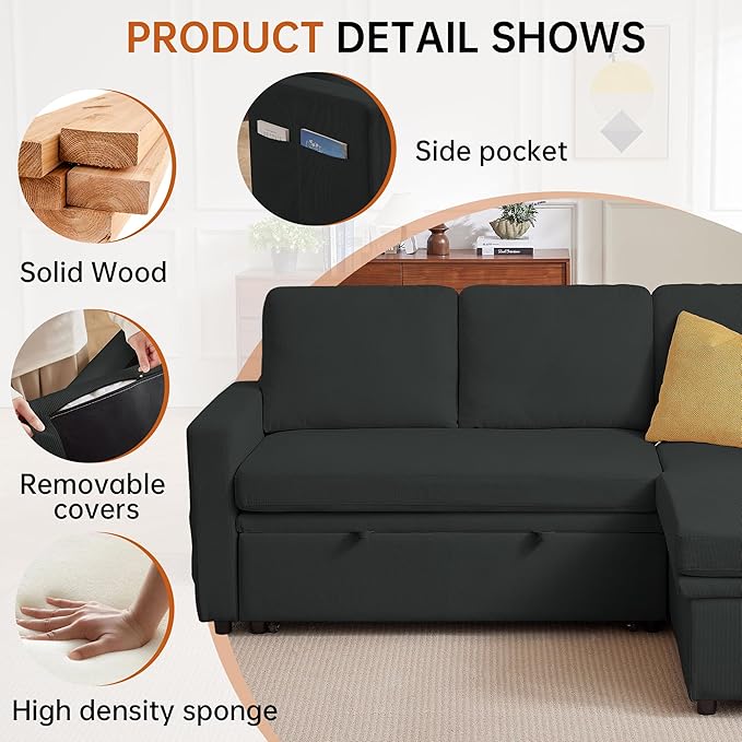 79" Sleeper Sofa Bed, Convertible Sofa Pull Out Couch with Storage | Reversible Chaise | L Shaped | Layered Storage | 3-Seater Comfy Sectional Couch Pullout Bed for Living Room, Black