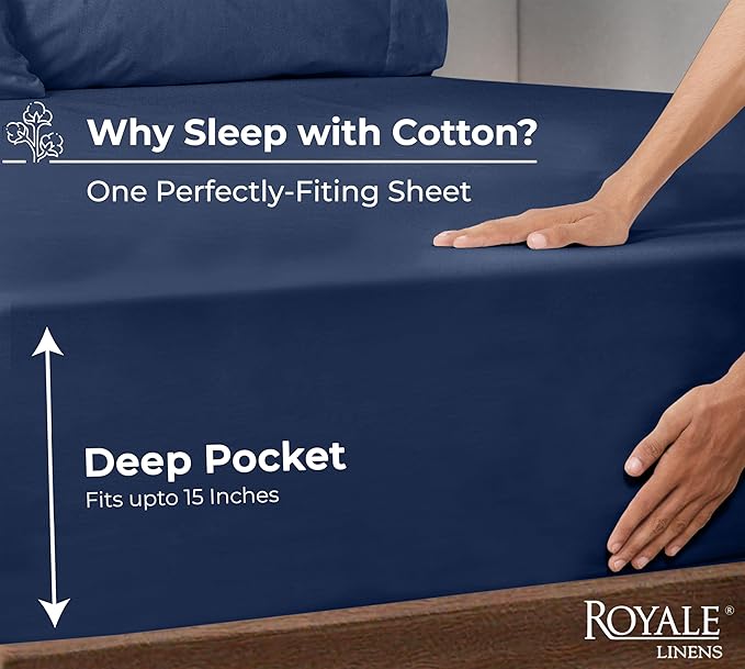 Royale Linens 100% Organic Cotton Fitted Sheet - Percale Weave - Super Soft Deep Pocket Bottom Sheets - Navy Elastic Sheet Full Size - Full Fitted Sheets Only - (54"x75"+15", Navy)