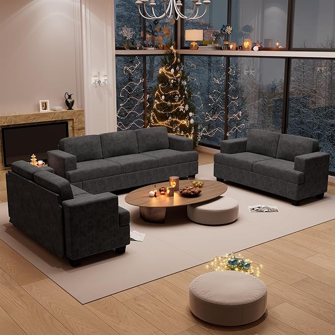YOUDENOVA Sofa Couch, 3 Piece Set Comfy Sofa, 2 Loveseat & 3 Seater Sofa with Deep Seats for Living Room, Modern Sleeper Couch, Dark Grey Chenille