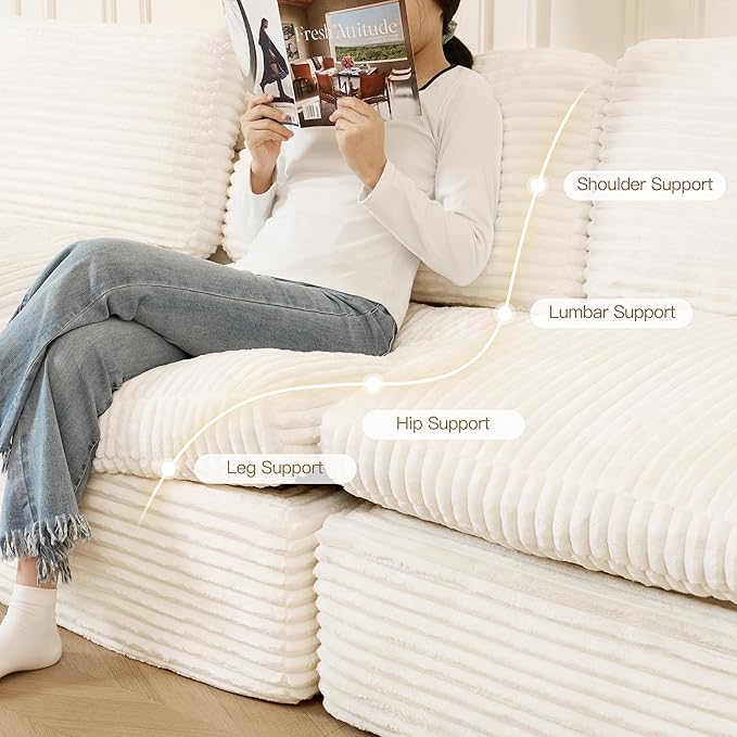 Cloud Sectional Couches for Living Room Plush Corduroy U Shaped Boneless Modular Sectional Sofa with Deep Seat. White Couch.