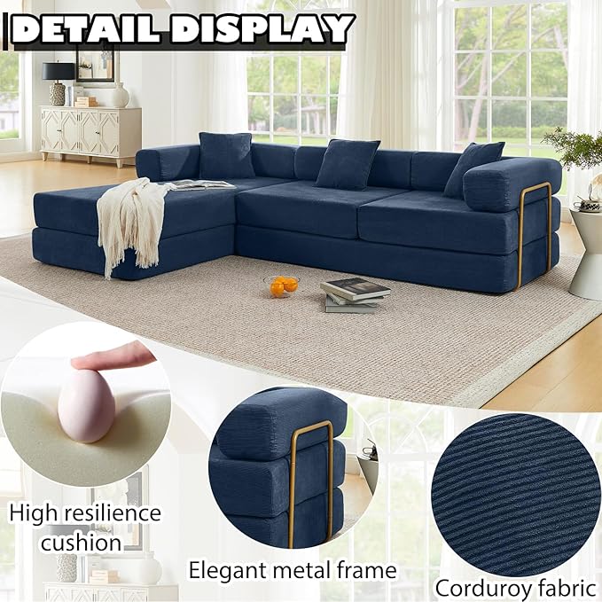 HANXIN 108 Inch Convertible Sleeper Sofa Bed, Folding Floor Mattress Couch with Fixed-Shape Frame, Futon Boneless Couch Lounge Loveseat with Pull Out Bed, No Assembly Required (Blue)