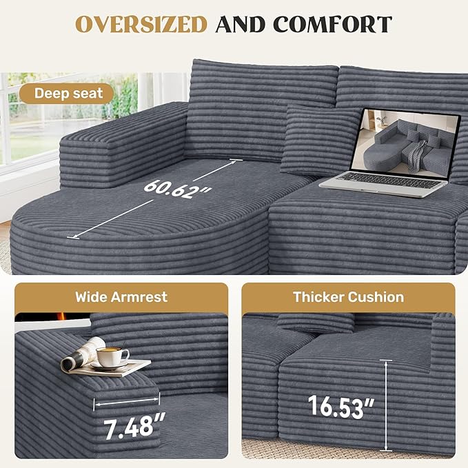 110" Modular Sectional Sofa Couches, Cloud Couches for Living Room, Boneless Sofa with Deep Seat,L-Shape Couch with Chaise,No Assembly Required,Grey,1 PCS