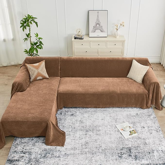 Sectional Couch Covers, 2 Pieces Chenille Sofa Cover L Shaped Couch Cover Blanket for Dogs Washable Sofa Slipcovers Pet Furniture Protector (XX-Large: 71" x 118" + 71" x 118", Brown)