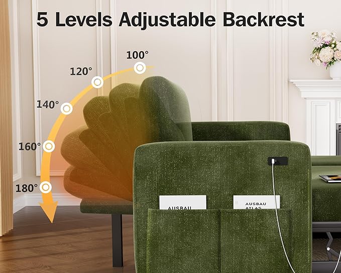 Vipbear 82" Sectional Sleeper Sofa with Pull Out Bed, L Shaped Couch Sleeper Sofa Bed, Pull Out Couch with Reclining Backrest, Reversible Storage Chaise, USB Ports, Tool-Free Assembly, Chenille Green
