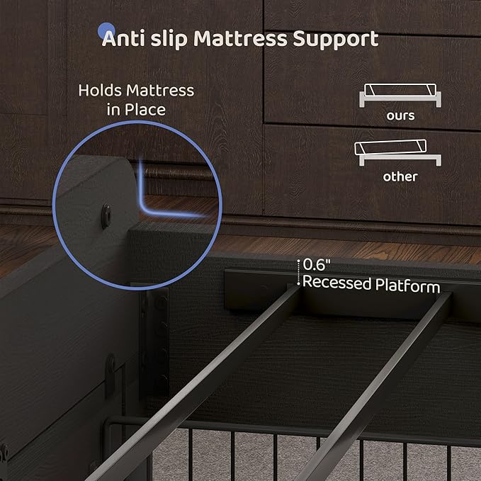BRELTAM Bed Frame Queen Size with 2 Storage Drawers and 2-Tier Headboard,Upholstered Wood Platform Bed with Charging Station, LED Lights,Noise-Free/Metal Support/No Box Spring Needed,Black