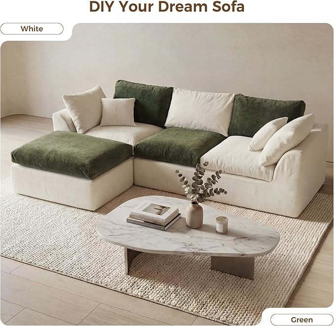 108" Cloud Sectional Couches, with 1 Extra Washable Cover, L Shaped 25.6" Deep Seat Couch with Ottoman, Oversized Comfy Living Room Sofa, DIY Color Refresh（ White Sofa + Green Cover Set）