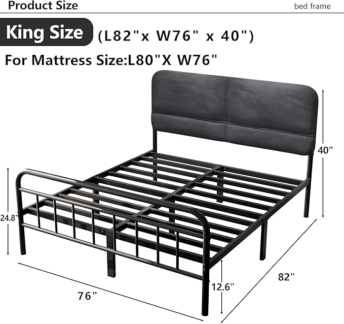 14Inch Metal Bed Frame,King Size Bed Frame with Upholstered Headboard,Heavy Duty Sturdy Mattress Foundation,Easy Assembly,No Box Spring Needed,Grey-King