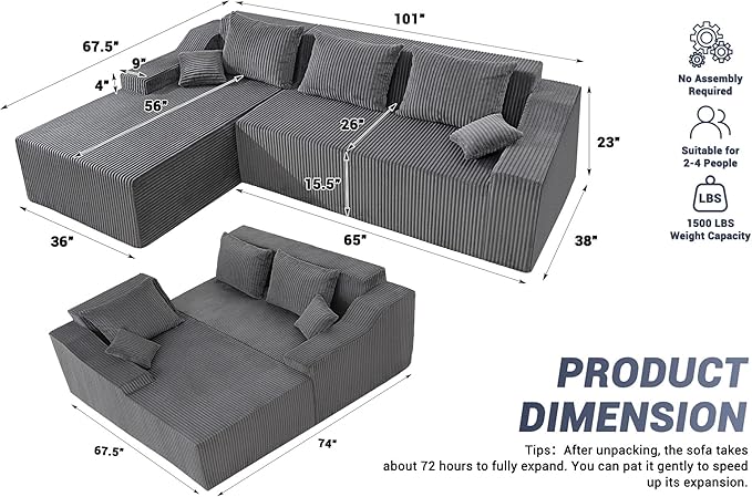 HABUTWAY 101'' Modular Sectional Sofa Cloud Couch with Deep Seat, Modern L-Shaped Convertible Couches Upholstered Couch with Chaise for Living Room Bedroom (Grey, Left-Facing Chaise)