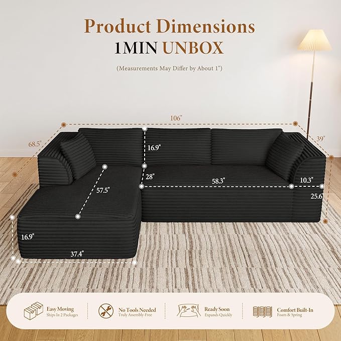 Vesgantti 106" Cloud Sectional Couch with Chaise, Deep Seat Comfy Modular Sectional Sofa Corduroy Memory Foam Boneless Couches for Living Room Bedroom, No Assembly Required (Black, Left-Facing Chaise)