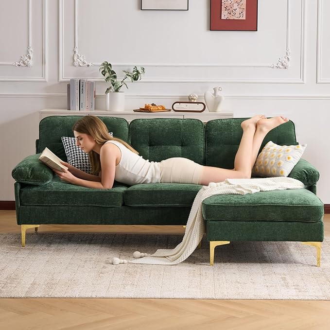 Sectional Couches for Living Room,85" L-Shaped Sofas,Modern Couch with Deep Seats & Chaise Longue,Removable Sofa Pillows Washable,Sofa for Apartments(Chenille,Green)
