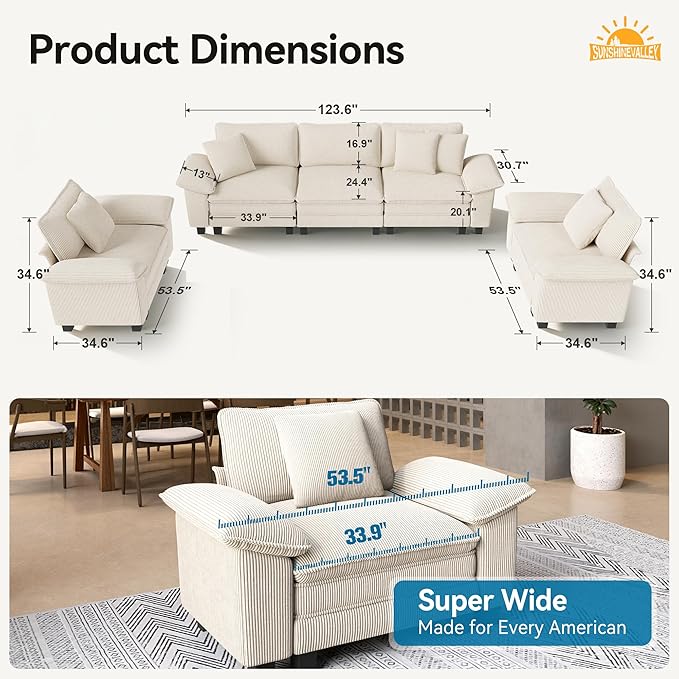 3 Piece Living Room Sofa Furniture Set, Oversized Corduroy 2 Single Cloud Chairs and 3-Seat Modular Couch with Pillow, 3-Seat Modern Sectional Deep Seat for Apartment, Beige