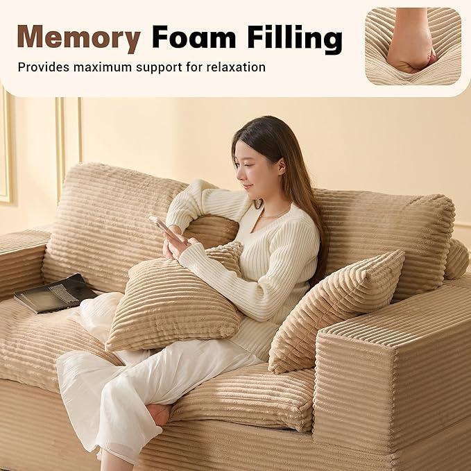 74.8” Set of Cloud Couch, Modular Loveseat Sofa, Convertible Sofas Bed, Deep Seat Sofa, Cozy Sofa for Living Room, Office and Bedroom, Corduroy, Camel