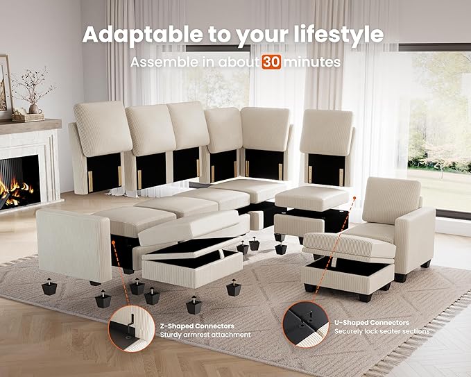 CHIC HOUSE Modular Sectional Sofa with Storage Ottomans, Corduroy Cloud Couch for Small Spaces & Apartments, Reconfigurable L/U Shaped Convertible Corner Sofa, Beige, 6 Seater Sectional