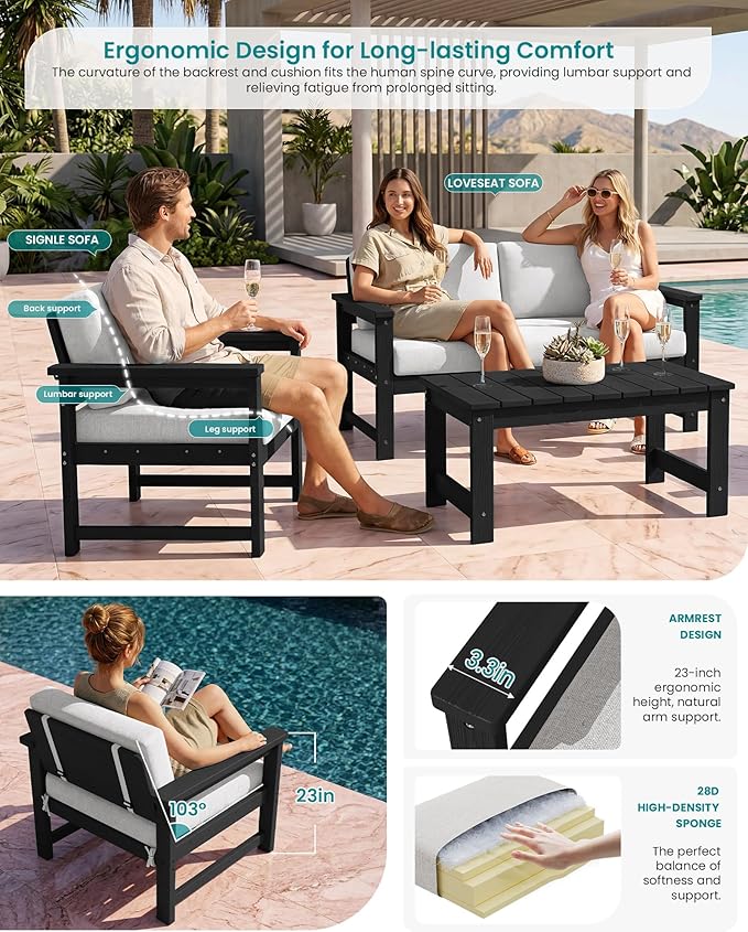 SERWALL 4-Piece Outdoor Patio Sofa Set, HDPE All-Weather Loveseat Sofa with Cushions & Coffee Table, Black Frame & Khaki Cushions