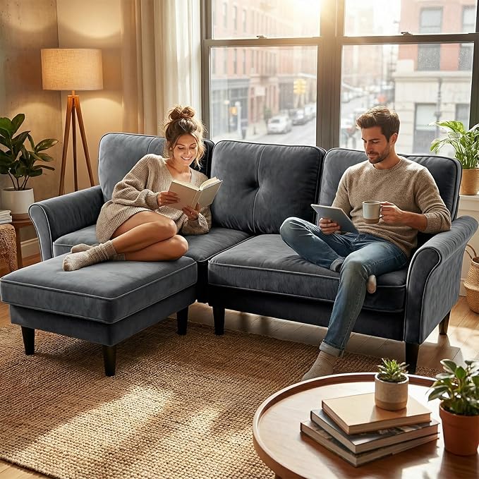 Sofas for Living Room, 83" Velvet Sectional Couch with Moveable Ottoman, Midcentury Modern Small Sectional Couch, L Shape Sofa & 2 Seater, Couches for Living Room, Apartment, Bedroom, Grey