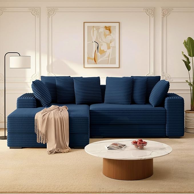111'' Modular Sectional Cloud Couches with Chaise, L Shaped Large Sleeper Couch Fluffy Corduroy with 8pcs Pillows for Living Room(Blue Left Facing Chaise)