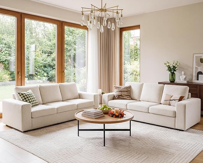 ELUCHANG 85" Modern Couches for Living Room, Natural Linen 3 Seat Sofa, Comfy Deep Seat Sofa, Spring Cushions, Removable Cover, Solid Wood Frame, Easy Assembly Loveseat for Small Space, Beige, 2PCS | Breathable material, Easy to Assemble, Removable Cov...