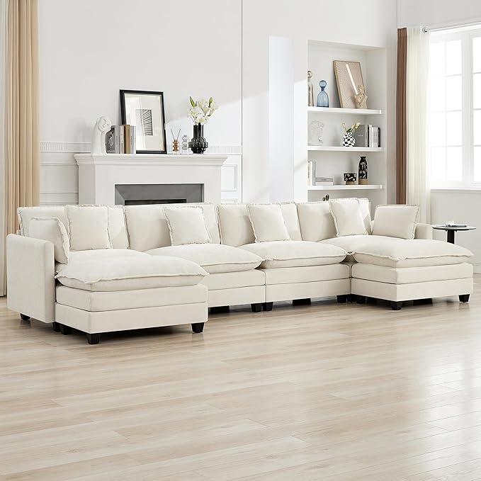 147'' Sectional Cloud Deep Seat Couch, Oversized Chenille U Shaped Sectional Sofa for Living Room Set, Comfy Upholstered Modular Sectional Sofa Couch with 2 Movable Ottoman, Beige