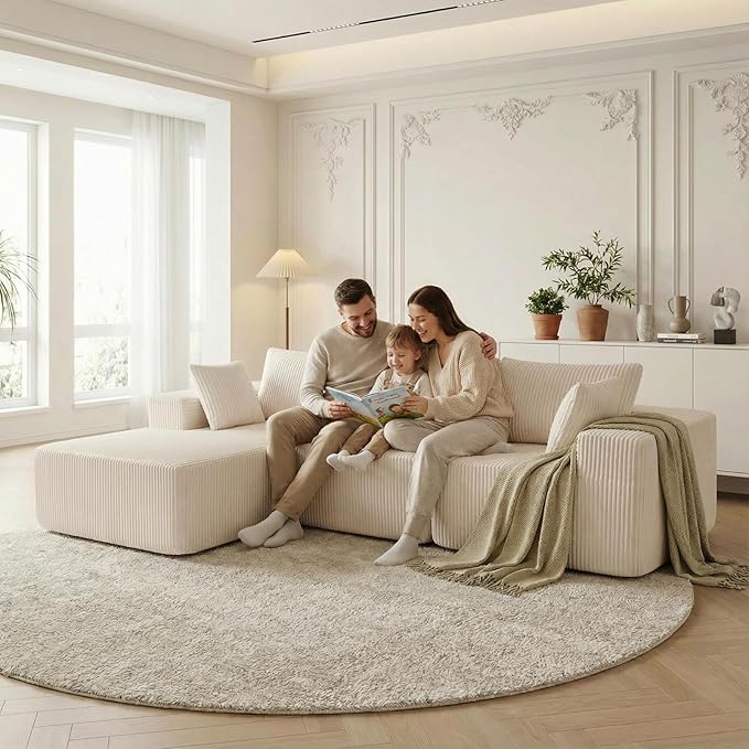 DUMOS 108" Boneless Couch, Cloud Sectional Couch with L-Shape Chaise, Modular Sectional Sofa with Deep Seat, Upholstered Couch for Living Room Bedroom, No Assembly Required (Beige, Left Facing Chaise)