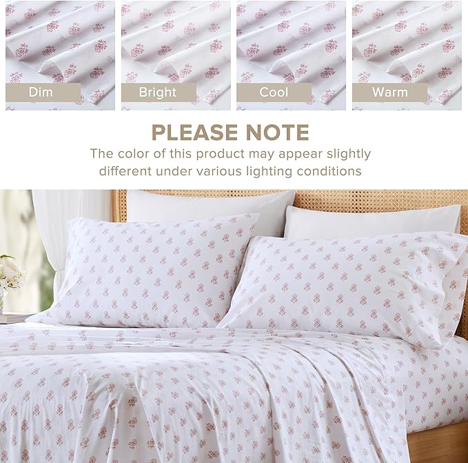 Comfort Spaces 100% Cotton Sheets King, Breathable, Naturally Cool Cotton Sheets, Soft Cotton Bed Sheets with 14" Elastic Pocket Fits up to 16" Mattress, All Seasons Sheet Set, Floral Pink 4 Piece