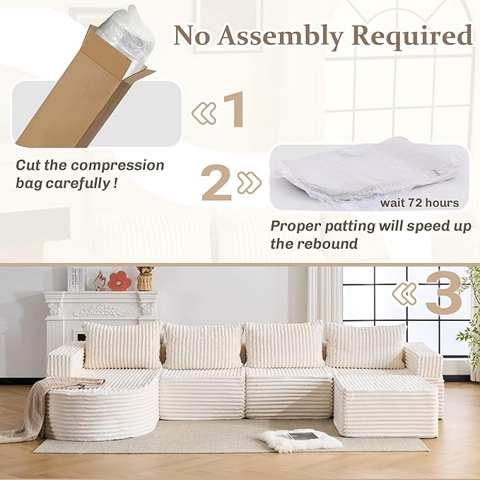 132” Boneless Couches for Living Room, L-Shaped Modular Sectional Sofa with Chaise & Ottoman, Modern Corduroy Cloud Couch with Deep Seat, Comfy Sponge Compression Convertible Sofas