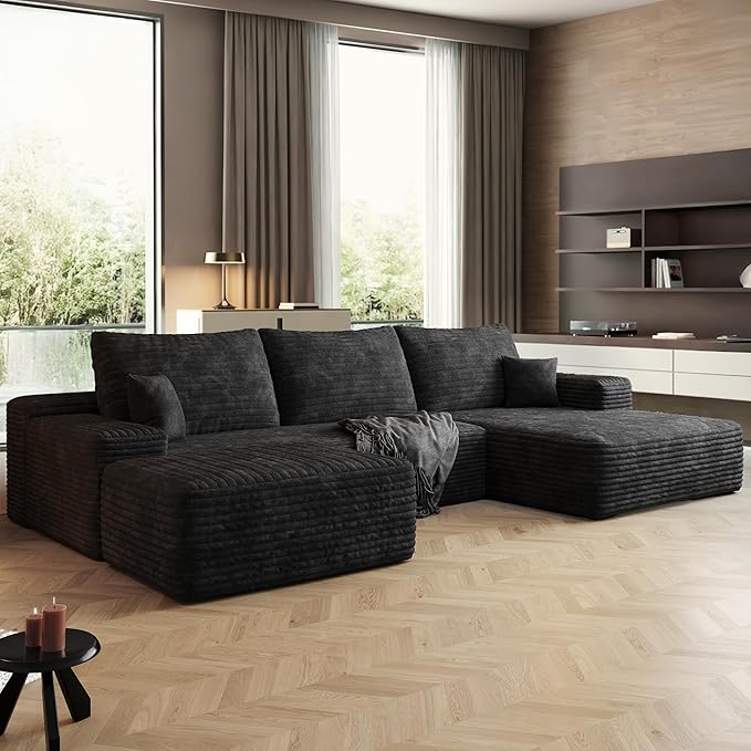 108" Sectional Couches for Living Room Cloud Couch Sofa with L-Shape Upholstered Boneless Couchs Modern Modular Sectional Couch with Chaise (Black, 108" Right Facing Chaise+2Seaters+1Ottoman)