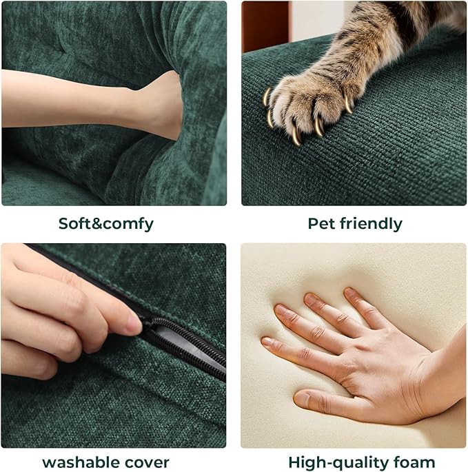 70" Loveseat Sofa for Living Room, Modern Chenille Cloud Couch with USB/Type-C Charging Ports, Side Pockets, Removable Cover, Wide Armrests, Small Couch for Small Space, Easy Assembly, Green