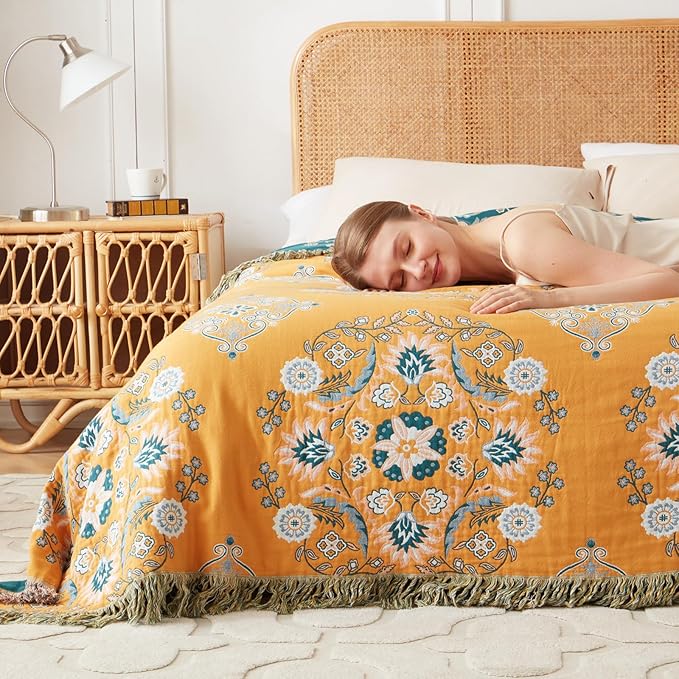 Boho Throw Blanket for Bed 100% Cotton Soft Lightweight Quilt Reversible Spring Blanket Floral Embroidery Home Decor Bed Blankets,90"x98" All Season Blankets for Sofa Couch Chair
