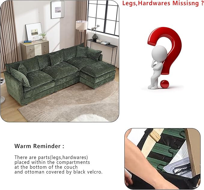 Setawix Deep 3 Seater Couch with Ottoman,112.2" L-Shaped Cloud Couches for Living Room,Chenille Cloud Sofa Couch with Deep Seat,Modular Sectional L Shape 3 Seat Sofa for Bedroom (Green, 3+1)