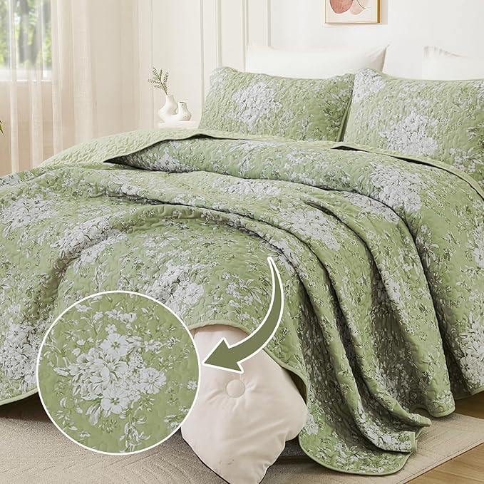 WONGS BEDDING Quilt King Size, Green Quilt Bedding Set with 2 Pillowcases, Botanical Quilt for King Bed, Soft Microfiber Lightweight Coverlet Bedspread for All Season (110"×90", 3 Pieces)