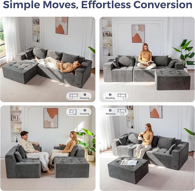 MAXYOYO Modular Sectional Sofa Couch, L Shaped Boneless Cloud Couch with Flexible Ottoman, Chenille Upholstered Living Room Sleeper Sofa Chair for Living Room, No Assembly Required, Light Grey