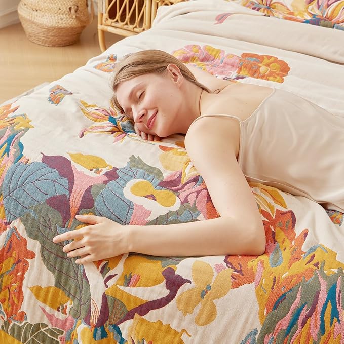 Queen Throw Blanket for Bed 100% Cotton Boho Breathable Soft Quilt Butterfly and Floral Double Embroidery Lightweight Spring Blanket Bedspread,90"x90" All Season Blankets for Bedding Couch Room Decor