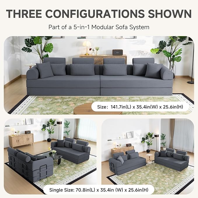 106" L-Shaped Boneless Sectional Couch, 2-Piece 70.87" Modules, Converts to 141.7" Extra-Long Straight Sofa, Corduroy Couch in a Box with Headrest & Back Pillows for Living Room, Dark Grey