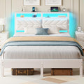 Seventable Bed Frame Queen Size with Charging Station, LED Bed with Upholstered Storage Headboard, Metal Platform Bed with Under Storage, No Box Spring Needed, Noise Free, Easy Assembly, White