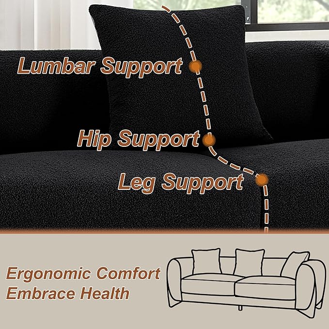87" Sherpa Boucle Cloud Couch Modern 3 Seater Sofa with Solid Wood Legs, 25" Extra Deep Seat, Comfy Thick Cushion Upholstered Sofa Couches with 3 Pillows for Living Room, Black