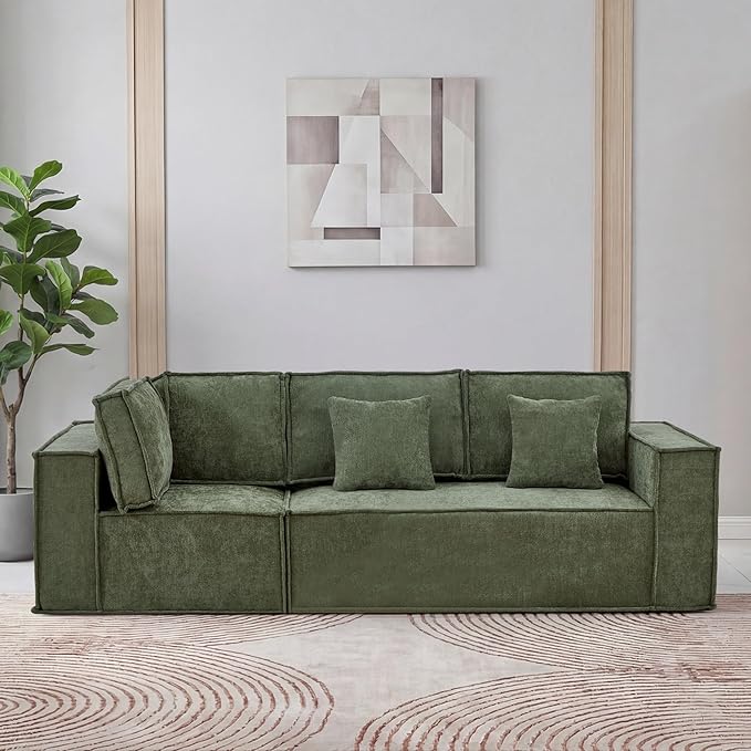 108'' Chenille Boneless Couch, Oversized Modular Sectional 3 Seater Sofa, Modern Deep Seat Corner Cloud Compressed Couch, No Assembly Sleeper Sofa with Chaise for Living Room, Green