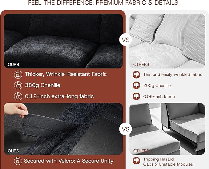 110'' Oversized Cloud Sectional Boneless Couch for Living Room, Modern Big Compressed L Shape Couch with Ottoman & 2 Throw Pillows, Comfy Chenille Deep Seat Memory Foam Spineless 4 Seater Sofa,Black | No Assembly Needed, Premium Chenille, Flexible Modu...