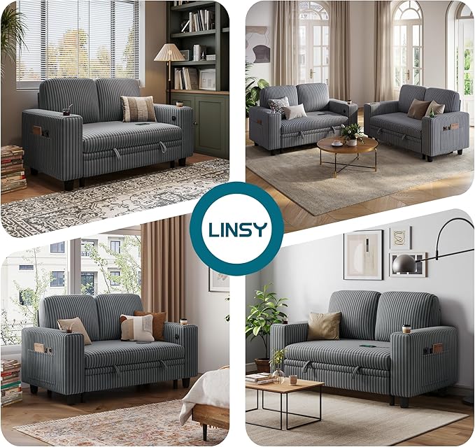 LINSY HOME Sectional Sleeper Sofa Pull Out Couches for Living Room (Grey, Pull Out Couch) | Pull Out Sofa Bed, Storage, USB Charging, Cup Holders, Plush Corduroy