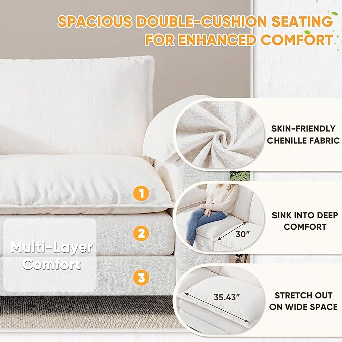 158.6'' Sectional Cloud Couch with 4 Seats & Wide Armrests, Oversized Linear Sofa with Double Layer Cushions, Comfy Chenille Couches for Living Room and Apartment (White, Linear Sofa)