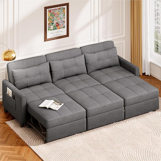 Aiho Sectional Sleeper Sofa, 84 Inch Pull Out Couch with Adjustment Backrest & Ottoman, Convertible Sectional Couch Bed for Living Room, Guest Room, Dark Grey