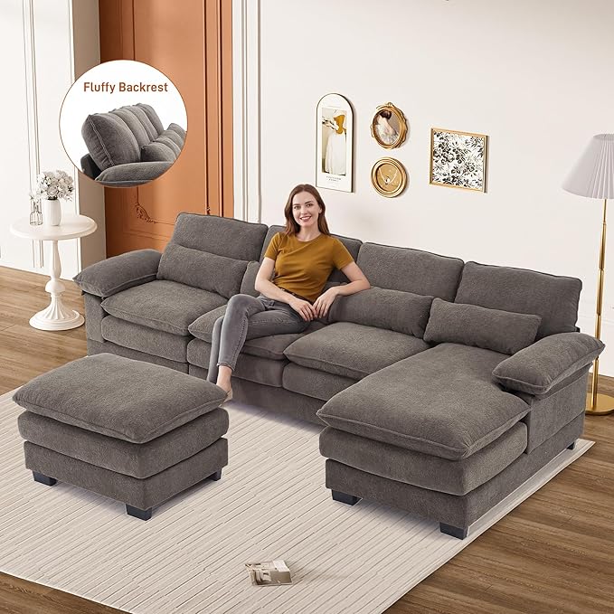 113" Cloud Couch Sectional Modular Sofa U Shaped Sectional Couches for Living Room Comfy 5-Seater Deep Seat Couch Chenille Cloud Sectional Sofa with Movable Ottoman & 4 Pillows, Stone Grey