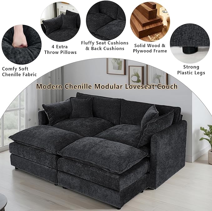 Setawix Deep Loveseat Couch with Ottomans,Large 2 Seater Lounger Cloud Couches for Living Room,77.16" Chenille Cloud Sofas with Deep Seat,Modular Sectional Sleeper Sofa for Bedroom (Black, 2+2)