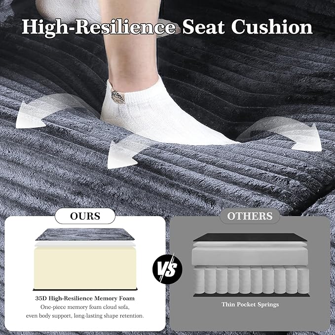 Modular Sectional Sofa with Movable Handrails, Straight-Row Boneless Sofa Sectional Couch for Living Room, Deep Seat Memory Foam Faux Rabbit Fur Fabric Sofa, No Assembly Required(Grey)