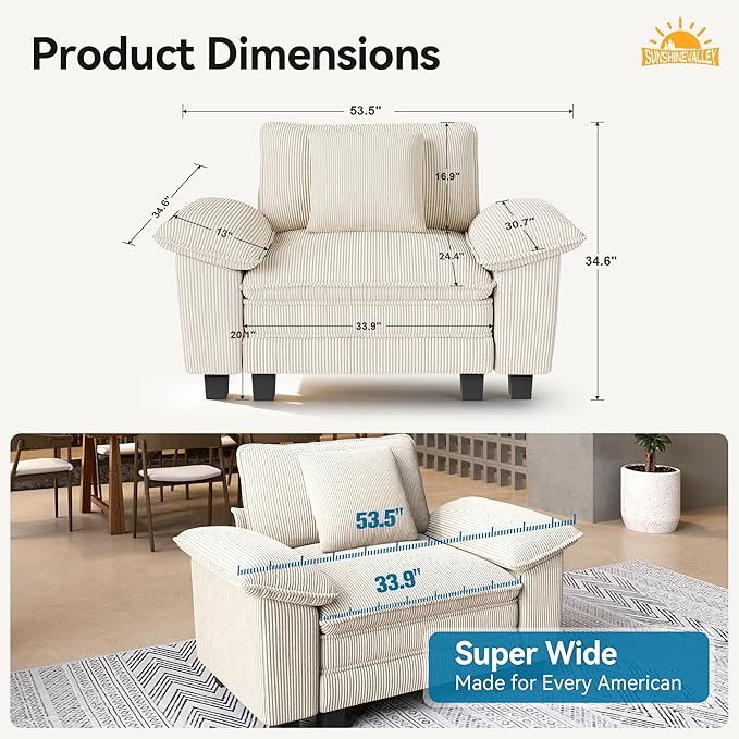 53.5'' Oversized Accent Chair, Corduroy Single Seat Modular Sofa Chair with Wider Armrest and Pillow, Modern Cloud Deep Seat Armchair for Bedroom Living Room, Beige