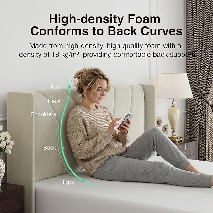 Novilla King Size Bed Frame, King Bed Frame with Headboard, Velvet Upholstered Wing Side Headboard, No Box Spring Needed, Heavy Duty Feet, Easy Assembly, White Velvet