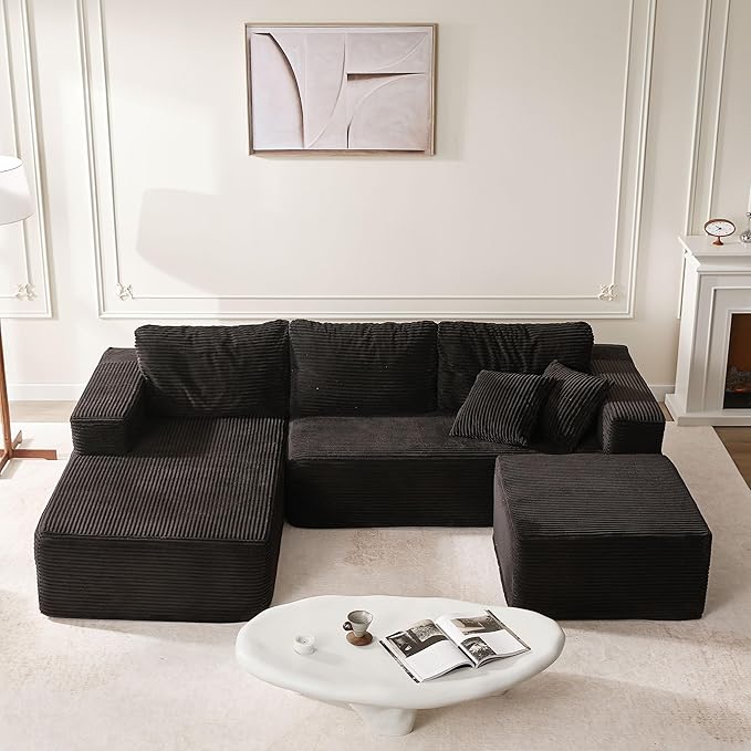 107" Boneless Couch with Deep Seat, Set of Modular Sectional Sofa, Cloud Sectional Couch for Living Room, No Assembly Required, Corduroy, U-Shape 3 Seater Left, Black