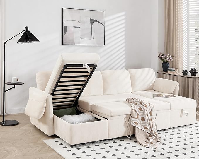 Tbfit 109'' Pull Out Sofa, Sleeper Sofa Bed with USB & 2 Storage Chaises, Comfy Oersized U Shaped Convertible Sectional Sleeper Couches for Living Room, Apartment, Office, White Sherpa