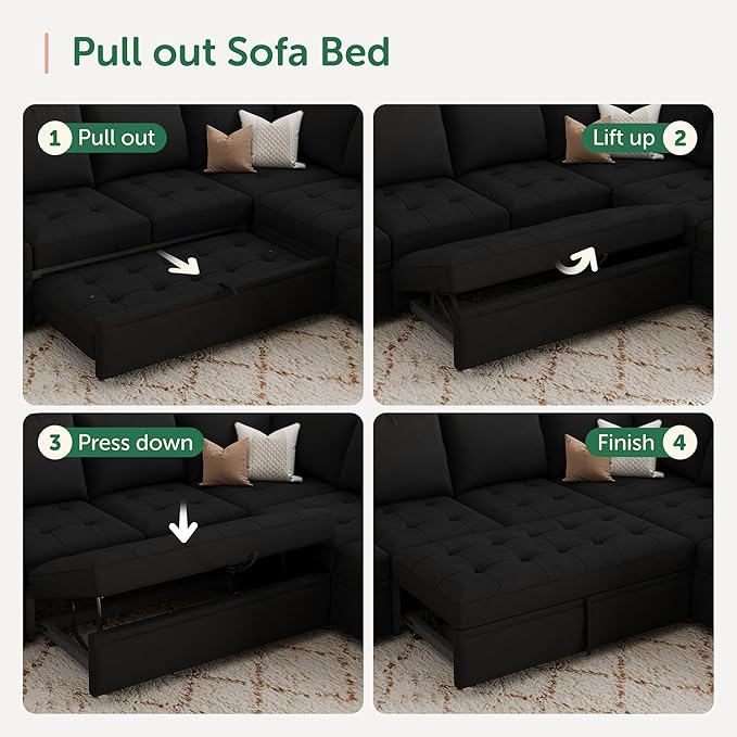 HONBAY Modular Sectional Sleeper Sofa with Pull Out Bed, Linen Convertible Sectional Couches for Living Room, Black